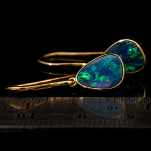 Yellow Gold Blue Green Australian Doublet Opal Drop Earrings