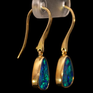 Yellow Gold Blue Green Australian Doublet Opal Drop Earrings