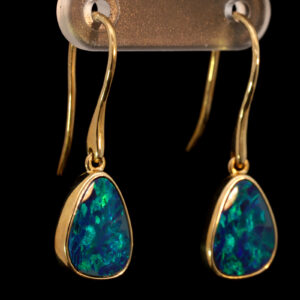 Yellow Gold Blue Green Australian Doublet Opal Drop Earrings