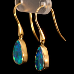 Yellow Gold Blue Green Australian Doublet Opal Drop Earrings