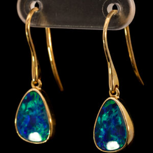 Yellow Gold Blue Green Australian Doublet Opal Drop Earrings