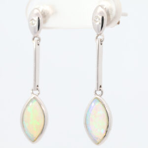 White Gold Blue Green Solid Australian Crystal Opal and Diamond Drop Earrings