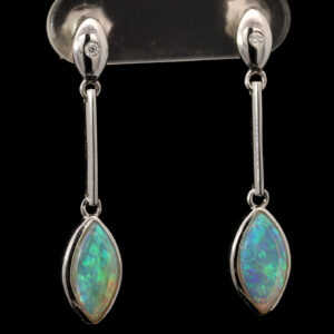 White Gold Blue Green Solid Australian Crystal Opal and Diamond Drop Earrings