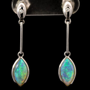 White Gold Blue Green Solid Australian Crystal Opal and Diamond Drop Earrings