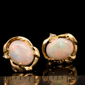 Yellow Gold Blue Green Yellow Orange Red Solid Australian Crystal Opal and Diamond Stud Earrings