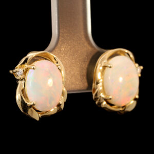 Yellow Gold Blue Green Yellow Orange Red Solid Australian Crystal Opal and Diamond Stud Earrings