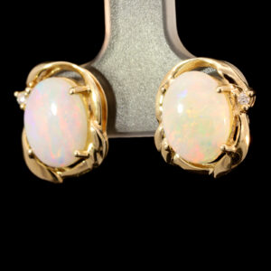 Yellow Gold Blue Green Yellow Orange Red Solid Australian Crystal Opal and Diamond Stud Earrings