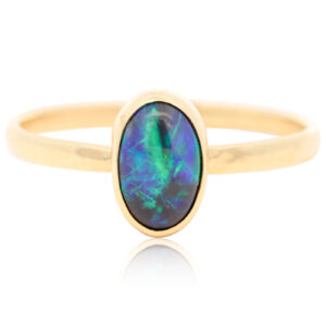 Yellow Gold Blue Green Solid Australian Black Opal Engagement Ring