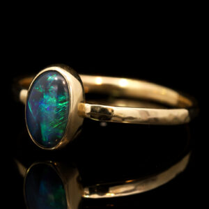 Yellow Gold Blue Green Solid Australian Black Opal Engagement Ring