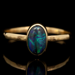 Yellow Gold Blue Green Solid Australian Black Opal Engagement Ring