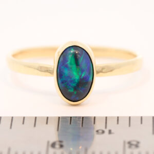 Yellow Gold Blue Green Solid Australian Black Opal Engagement Ring