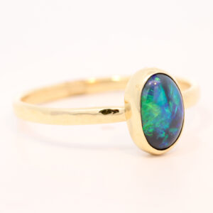 Yellow Gold Blue Green Solid Australian Black Opal Engagement Ring