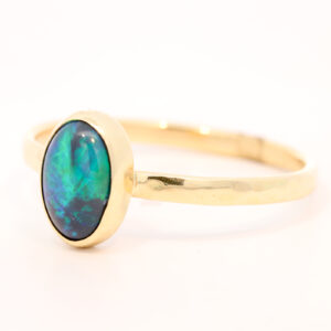 Yellow Gold Blue Green Solid Australian Black Opal Engagement Ring