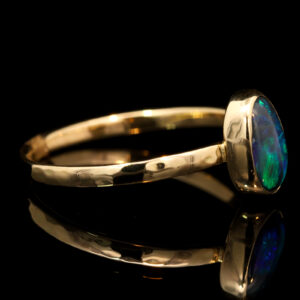 Yellow Gold Blue Green Solid Australian Black Opal Engagement Ring