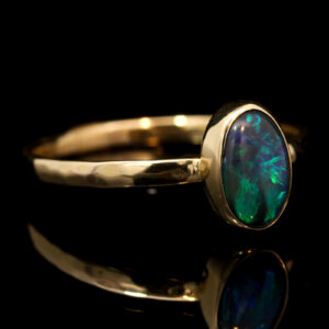 Yellow Gold Blue Green Solid Australian Black Opal Engagement Ring