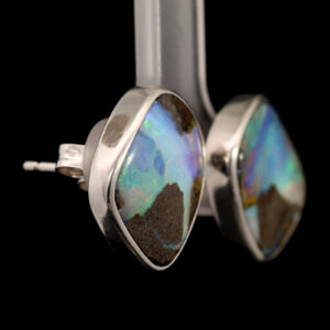 Sterling Silver Blue Green Purple Solid Australian Boulder Opal Stud Earrings