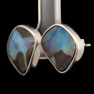 Sterling Silver Blue Green Purple Solid Australian Boulder Opal Stud Earrings