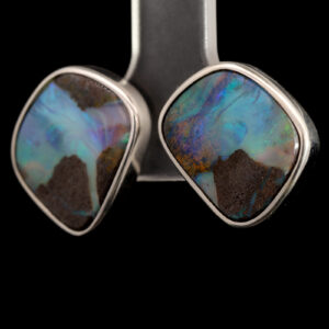 Sterling Silver Blue Green Purple Solid Australian Boulder Opal Stud Earrings