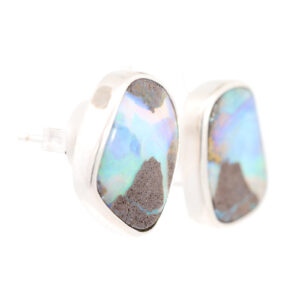 Sterling Silver Blue Green Purple Solid Australian Boulder Opal Stud Earrings