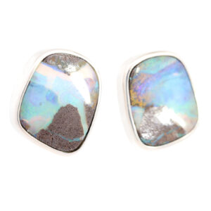 Sterling Silver Blue Green Purple Solid Australian Boulder Opal Stud Earrings