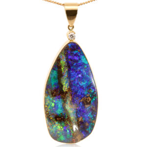 Yellow Gold Blue Green Yellow Orange Red Solid Australian Boulder Opal and Diamond Pendant Necklace