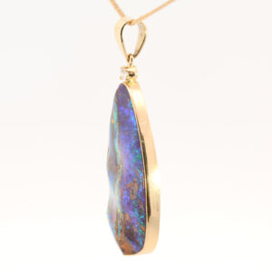 Yellow Gold Blue Green Yellow Orange Red Solid Australian Boulder Opal and Diamond Pendant Necklace