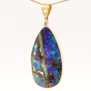 Yellow Gold Blue Green Yellow Orange Red Solid Australian Boulder Opal and Diamond Pendant Necklace