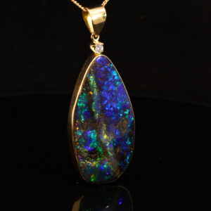 Yellow Gold Blue Green Yellow Orange Red Solid Australian Boulder Opal and Diamond Pendant Necklace