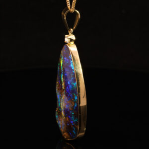 Yellow Gold Blue Green Yellow Orange Red Solid Australian Boulder Opal and Diamond Pendant Necklace