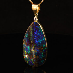 Yellow Gold Blue Green Yellow Orange Red Solid Australian Boulder Opal and Diamond Pendant Necklace