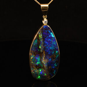 Yellow Gold Blue Green Yellow Orange Red Solid Australian Boulder Opal and Diamond Pendant Necklace