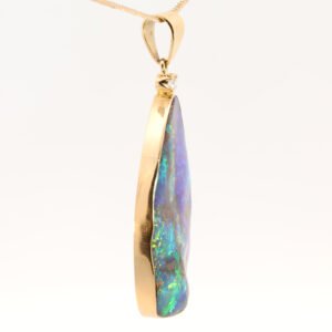 Yellow Gold Blue Green Yellow Orange Red Solid Australian Boulder Opal and Diamond Pendant Necklace