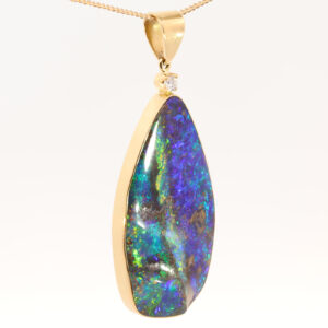 Yellow Gold Blue Green Yellow Orange Red Solid Australian Boulder Opal and Diamond Pendant Necklace