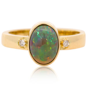 Yellow Gold Green Yellow Orange Red Solid Australian Black Opal and Diamond Engagement Ring