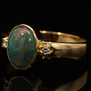 Yellow Gold Green Yellow Orange Red Solid Australian Black Opal and Diamond Engagement Ring