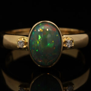 Yellow Gold Green Yellow Orange Red Solid Australian Black Opal and Diamond Engagement Ring