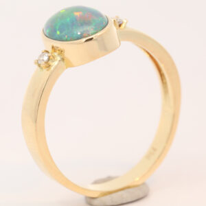 Yellow Gold Green Yellow Orange Red Solid Australian Black Opal and Diamond Engagement Ring