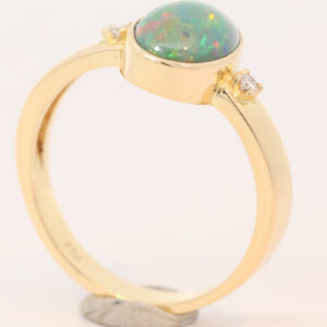 Yellow Gold Green Yellow Orange Red Solid Australian Black Opal and Diamond Engagement Ring