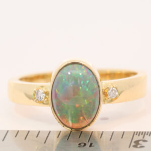 Yellow Gold Green Yellow Orange Red Solid Australian Black Opal and Diamond Engagement Ring