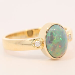 Yellow Gold Green Yellow Orange Red Solid Australian Black Opal and Diamond Engagement Ring