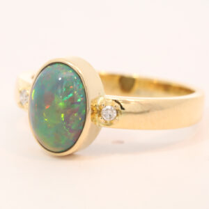 Yellow Gold Green Yellow Orange Red Solid Australian Black Opal and Diamond Engagement Ring