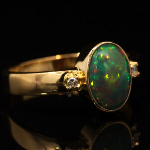 Yellow Gold Green Yellow Orange Red Solid Australian Black Opal and Diamond Engagement Ring