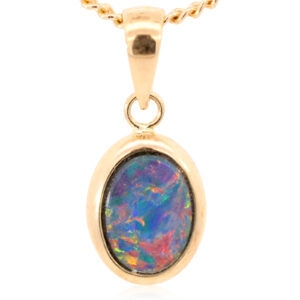 Yellow Gold Blue Green Yellow Orange Red Australian Doublet Opal Pendant Necklace