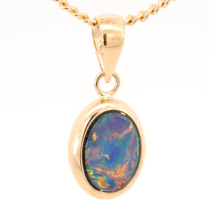 Yellow Gold Blue Green Yellow Orange Red Doublet Opal Pendant