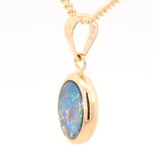 Yellow Gold Blue Green Yellow Orange Red Australian Doublet Opal Pendant Necklace