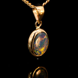 Yellow Gold Blue Green Yellow Orange Red Australian Doublet Opal Pendant Necklace