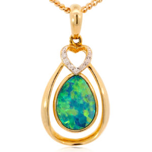 Yellow Gold Blue Green Yellow Orange Australian Doublet Opal and Diamond Pendant Necklace