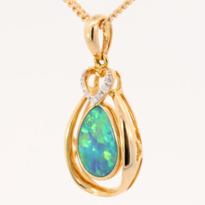 Yellow Gold Blue Green Yellow Orange Australian Doublet Opal and Diamond Pendant Necklace