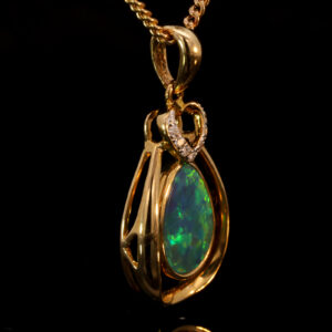 Yellow Gold Blue Green Yellow Orange Australian Doublet Opal and Diamond Pendant Necklace