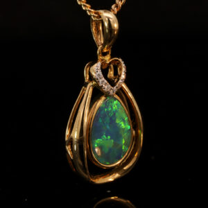 Yellow Gold Blue Green Yellow Orange Australian Doublet Opal and Diamond Pendant Necklace